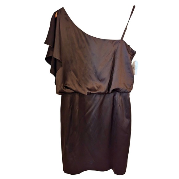 One Shoulder Dress Party Cocktail Brown Mini Dress Ruffle Detail Modern MOTB - Picture 1 of 9